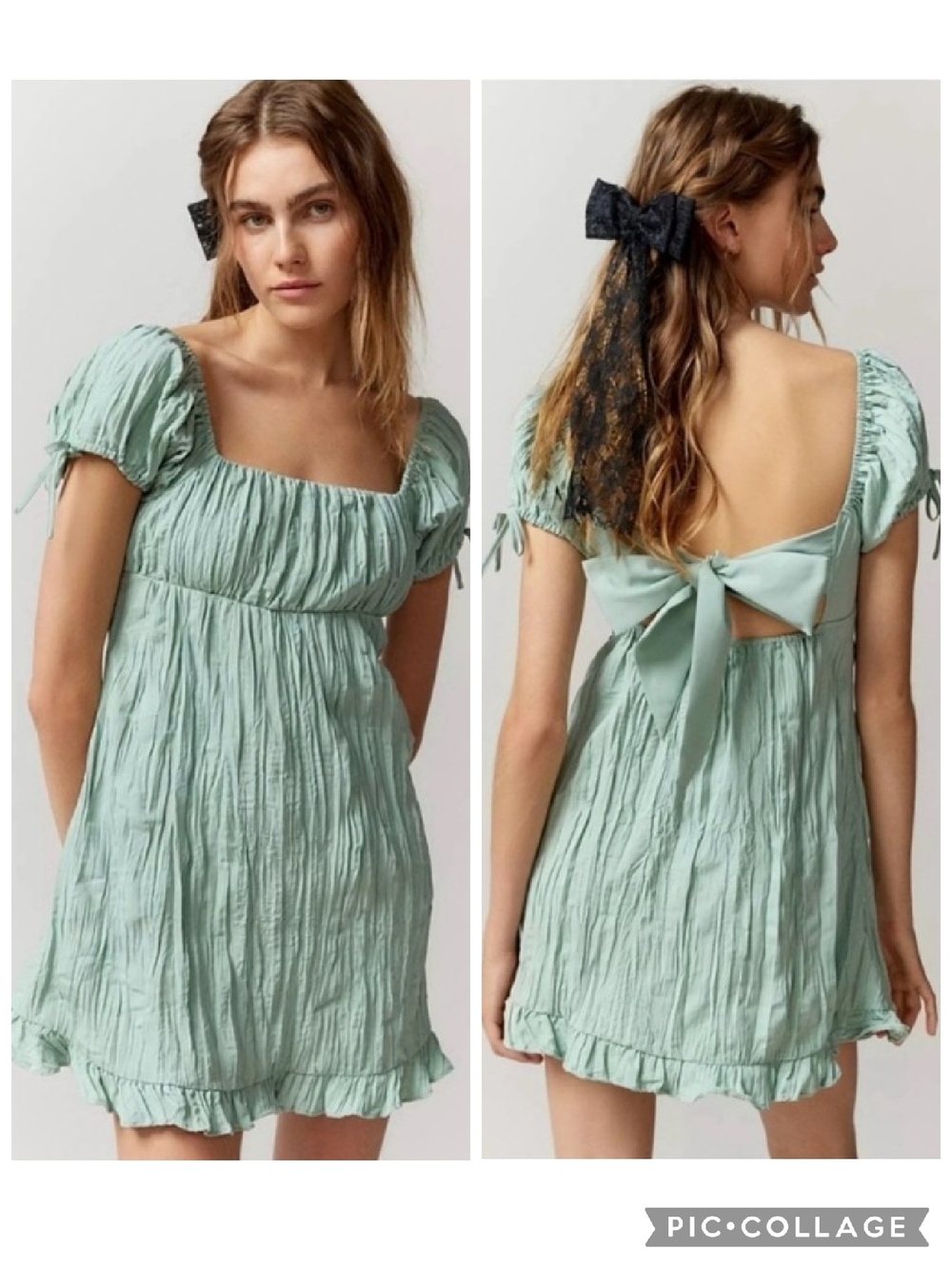 Urban Outfitters Kimchi Blue Claudette Babydoll Mini Dress Puff Sleeve Bow Back